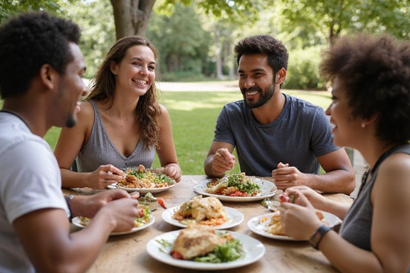 Grupo de amigos riendo y compartiendo una comida saludable al aire libre en un día soleado.