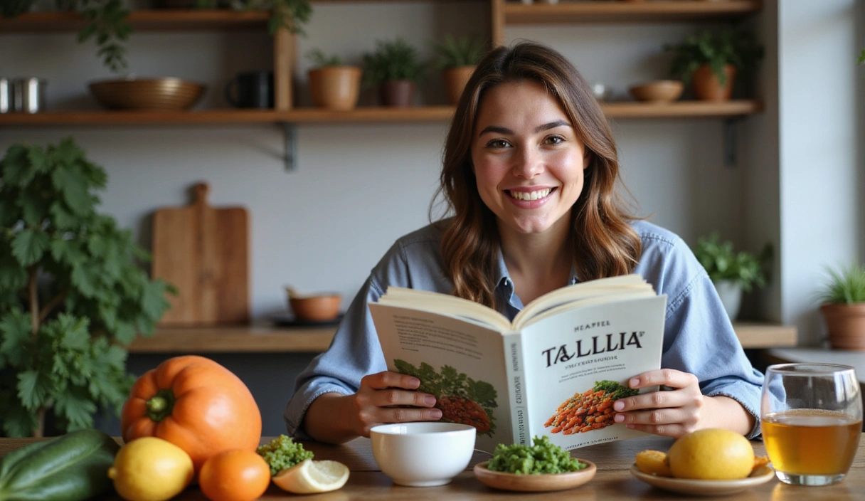 Una persona sonriente leyendo un libro de cocina saludable en una mesa con frutas frescas y verduras, transmitiendo una atmósfera acogedora e informativa.
