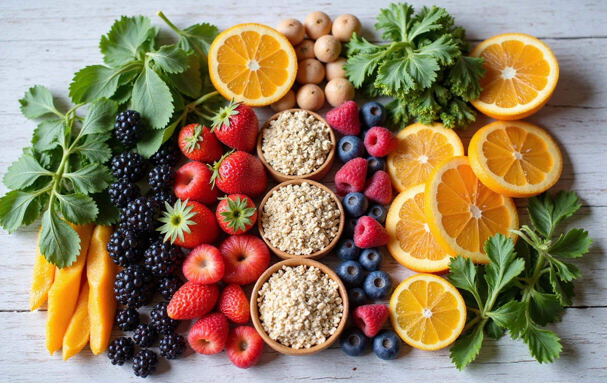Una variedad de frutas frescas, verduras vibrantes y cereales integrales, como bayas, hojas verdes, aguacates y quinoa, dispuestas artísticamente en un tazón de madera sobre una mesa de cocina rústica con luz natural.