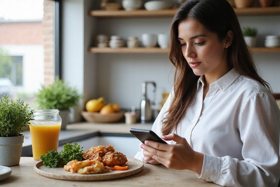 A person looking at a smartphone with a healthy meal in the background, representing digital nutrition support
