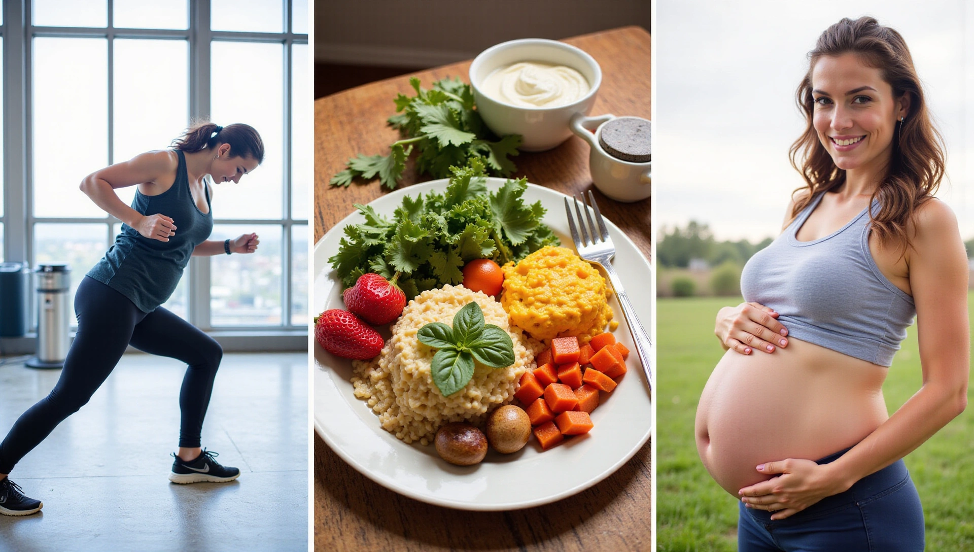 Person exercising, healthy meal, pregnant woman representing diverse nutrition aspects