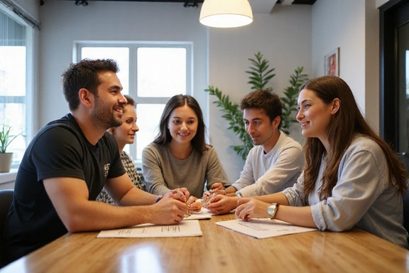 Grupo diverso de nutricionistas colaborando en un plan de salud en una mesa de reuniones.