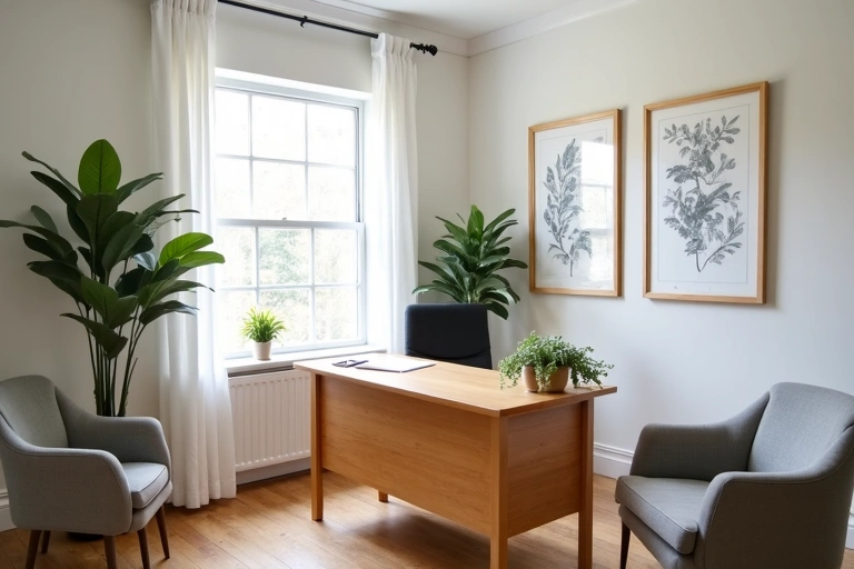 Oficina de consulta de nutrición limpia y organizada con un escritorio y sillas cómodas.