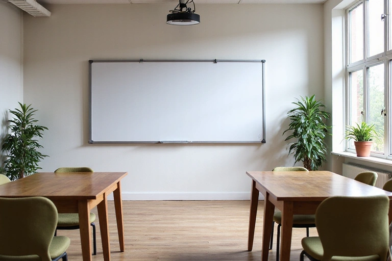 Sala de educación nutricional con una pizarra y asientos para talleres grupales.